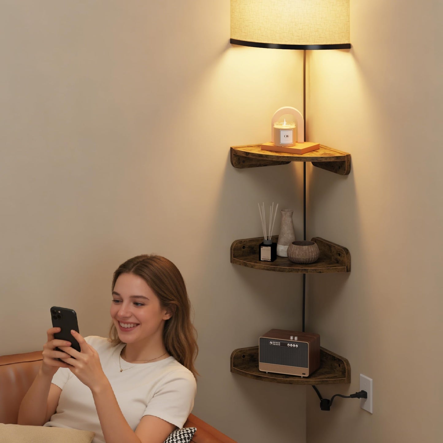 YAOHUOO Corner Shelf Wall Mounted with Light, Set of 3 Corner Floating Shelves with Cord Hole for Cable Box, Round End Wall Mounted Floating Shelf for Bedroom, Living Room and Kitchen, Rustic Brown