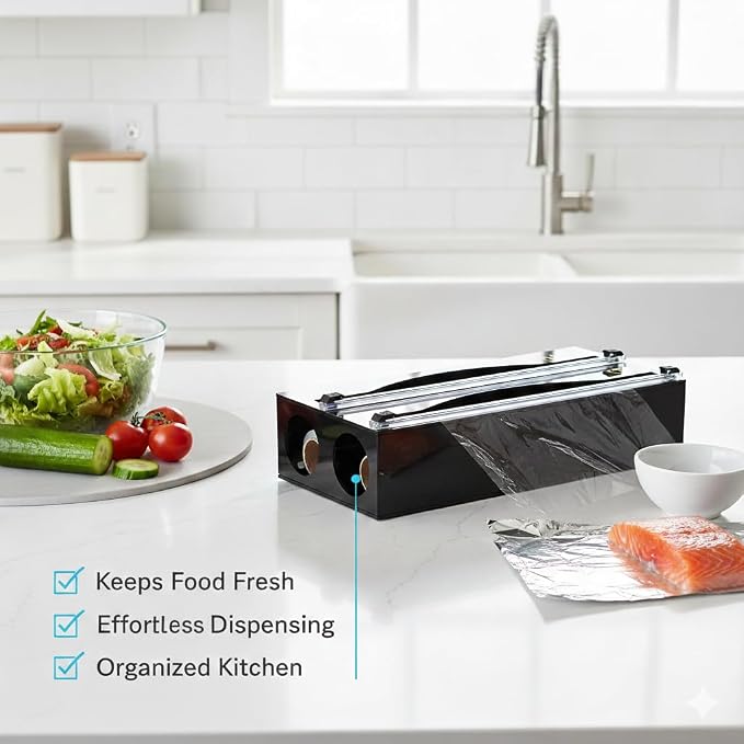 OnDisplay Luxe Acrylic 2-in-1 Plastic Wrap/Wax Paper/Aluminum Foil Dispenser for Drawer or Wall Mountable - Cling Wrap/Parchment Paper/Tin Foil Holder for Kitchen (Black 2-in-1)