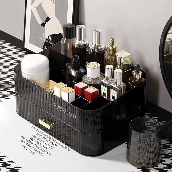 Makeup Organizer with Stackable Drawers, Bathroom Vanity Organizers and Storage, Ideal for Desk and Dresser Countertops, Great for Cosmetics, skincare, Lipsticks, Nail Care -Black