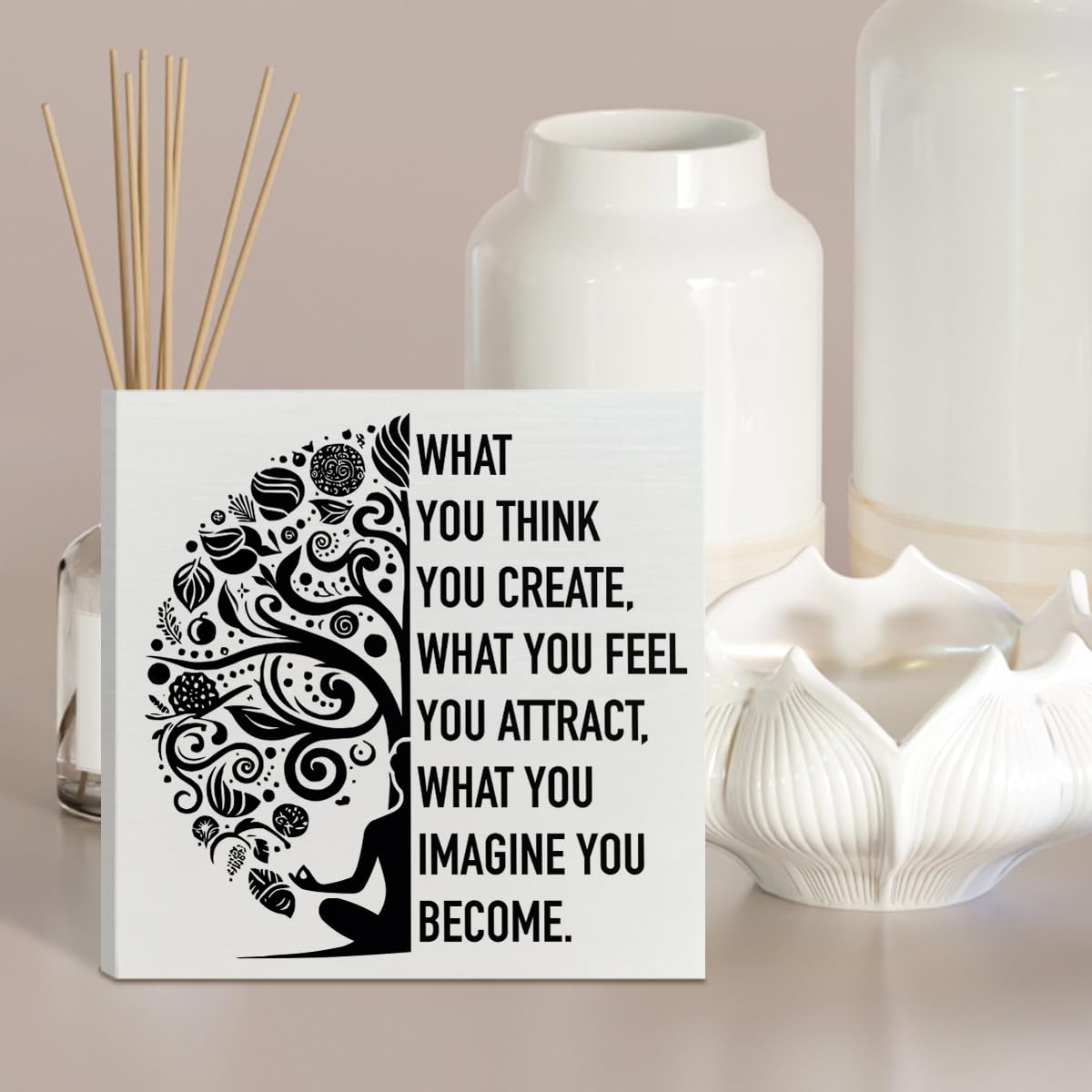 Namaste Meditation Room Desk Wooden Box Sign Decor, Spiritual Zen Den Room Decor, Buddha Quote Yoga Room Wood Box Sign Decorations, Meditation Gifts for Women Men Yoga Lover, What You Think You Create