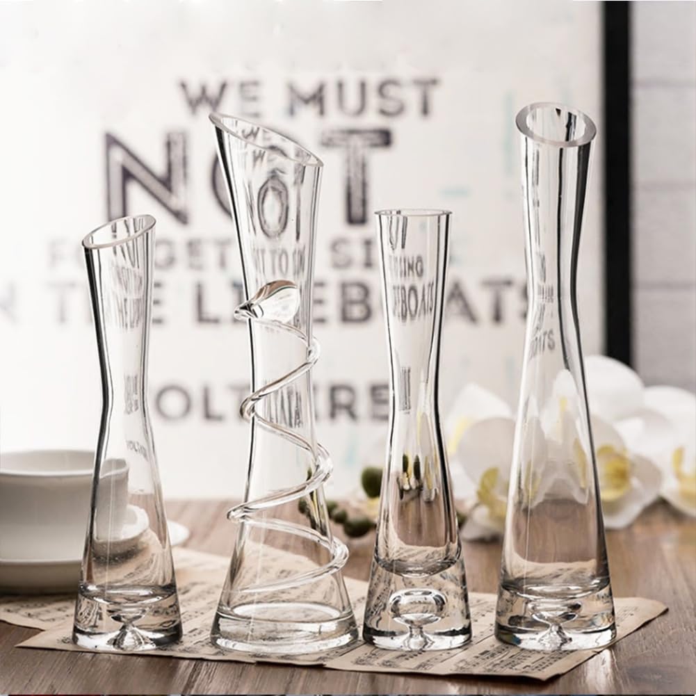 VANTOBEST Hand-Made Blown Art Bud Glass Vase, Clear Glass, Oblong Shape, Modern Style, Thread Pattern, Stemless, Perfect for Home Decorations