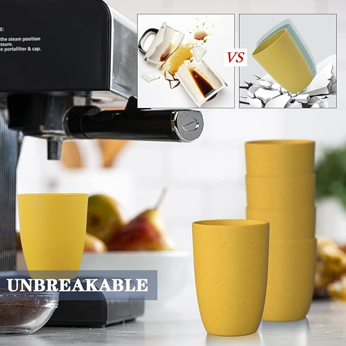 Homienly Wheat Straw Cups Set 8 PCS, 12 OZ Reusable Plastic Cups Alternative, Unbreakable Drinking Glasses for Kitchen, Party, Gatherings, Dishwasher & Microwave Safe Cup Set for Water, Juice(Yellow)