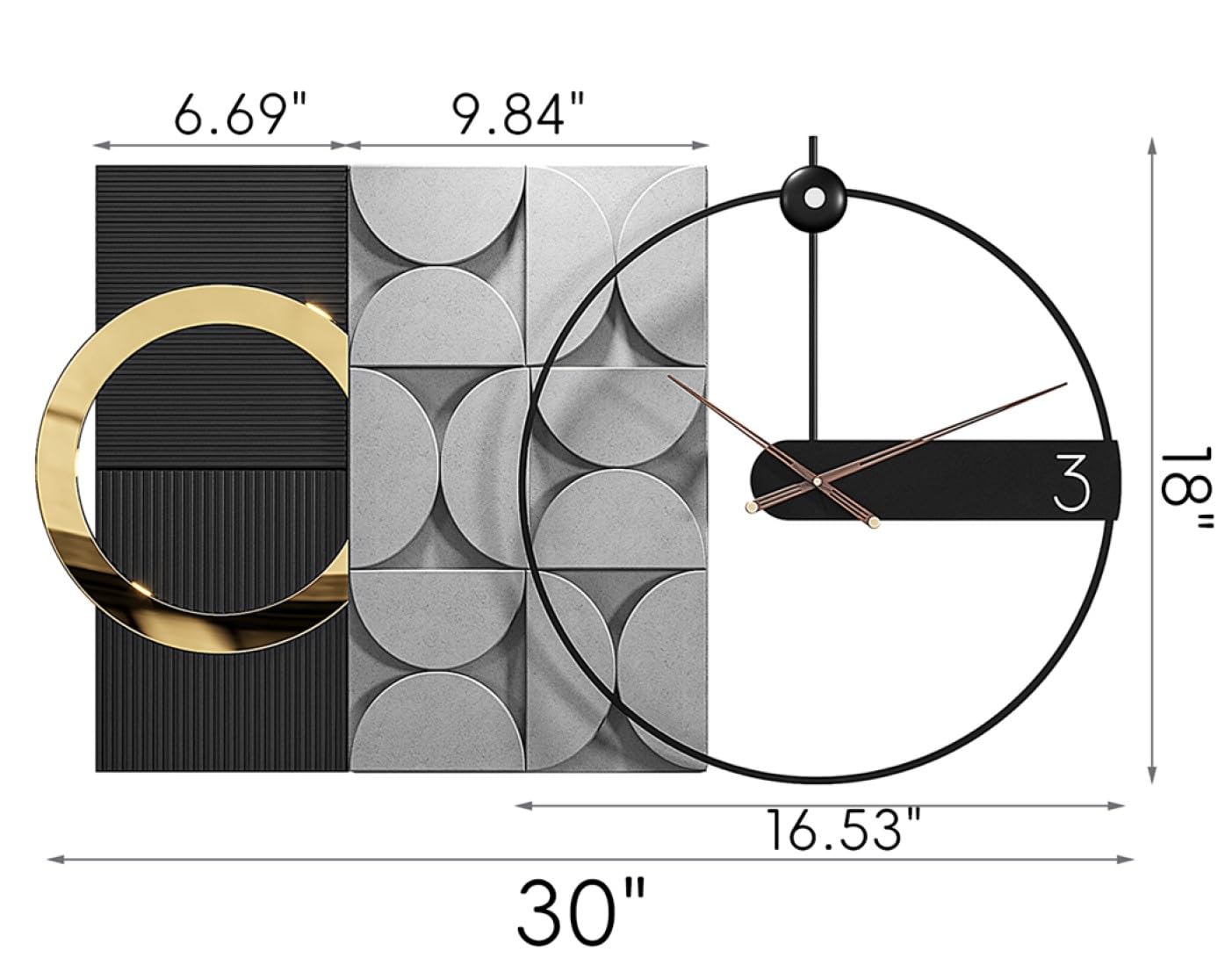 Mid Century Modern Wall Clock 3D Luxury Large Geometric Silent Non Ticking for Living Room Oversized Boho Farmhouse Mechanism, Big Unique Metal Fancy Clock Wall Decor for Bedroom Kitchen, Black 30×18"