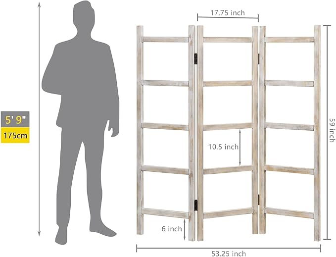 Blanket Ladder,59" H Wood Blanket Ladder for Living Room, Decorative Quilt dispaly Rack, Free Standing and Folding Towel Rack for Bathroom,Whitewashed.