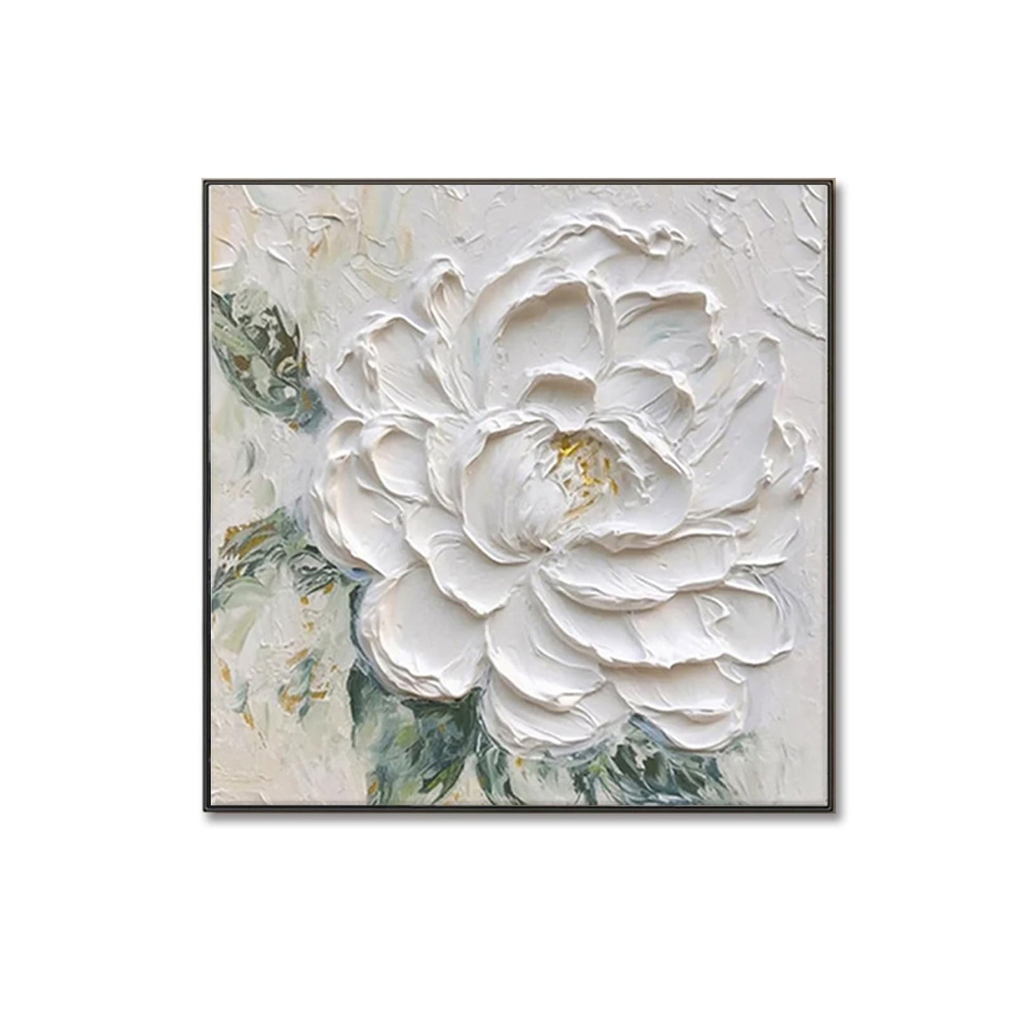 Hand Painted White Flower Oil Painting for Kitchen, Large 3D Floral Canvas Wall Art for Living Room, Framd Modern Wall Decor for Bedroom,Office Home Decor 32" x 32"