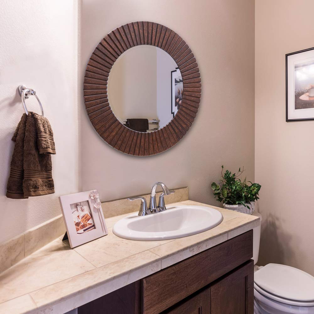 Chende 30'' Round Mirror with Wood Frame, Large Decorative Mirror for Wall, Farmhouse Bathroom Mirror with Bronze Groove Finish for Living Room, Entryway, Bedroom