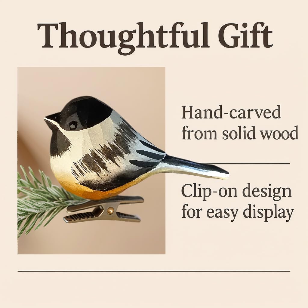 WOODEN ISLANDS Hand-Carved Wooden Bird Clip – Black-Capped Chickadee Figurine, Handmade Ornament, Gift Boxed for Bird Lovers, Home Decor, Especially for You