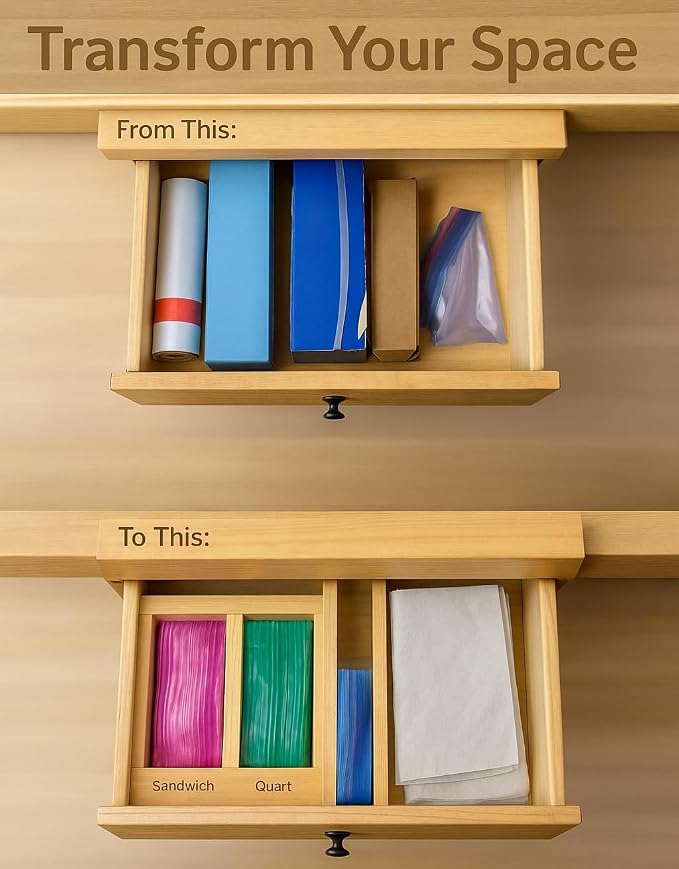 Bartnelli Bag Organizer for Kitchen Storage Organization, 4 PC Premium Bamboo Drawer Organizer, Bag Holder Dispenser