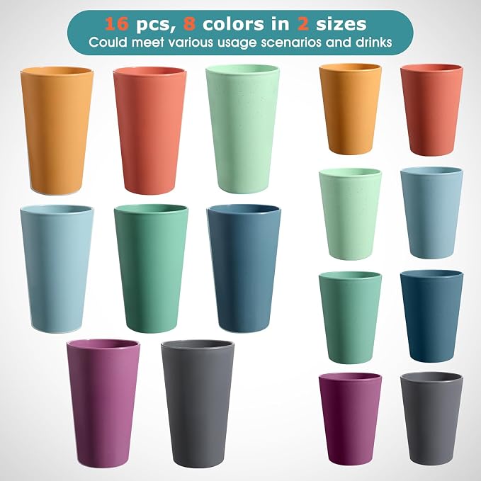 HEYCOME Set of 16 Wheat Straw Cups, 8 Pcs 20 oz & 8 Pcs 12 oz Unbreakable Drinking Cups, Reusable Plastic Cups Sets, Water Glasses Tumblers, Microwave & Dishwasher Safe, Bpa Free, 8 Colors