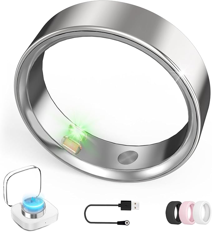 Smart Ring with Vibration Alerts, Health Tracker Ring with Body Temperature Monitor, Heart Rate, Sleep & Fitness Tracking, Waterproof Activity Ring for Men & Women, No App Fees (Silver, 8#)