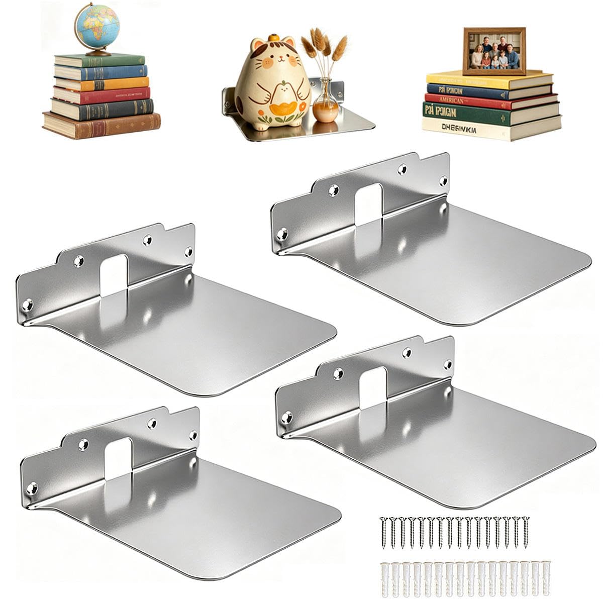 BUMOVE Invisible Floating Bookshelf - Modern Wall Mounted Metal Shelves for Office, Study Room, and Bedroom, Space-Saving Stylish Decor (4, Silver)