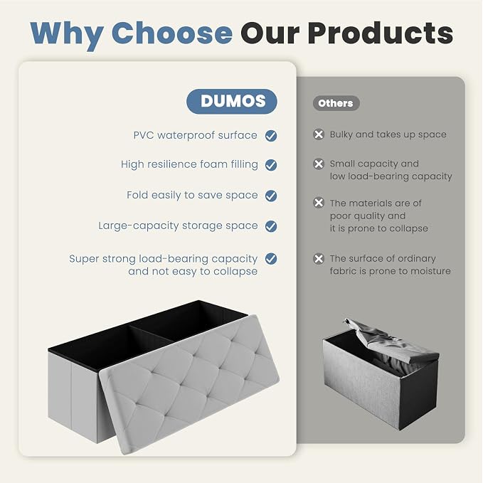 DUMOS 43 Inch Folding Storage Ottoman Bench, Large Storage Chest withThicker Foam Padded Seat, End of Bed Foot Rest Stool for Bedroom Living Room Entryway, Load 660 lbs, Lychee Grain Leather, Grey