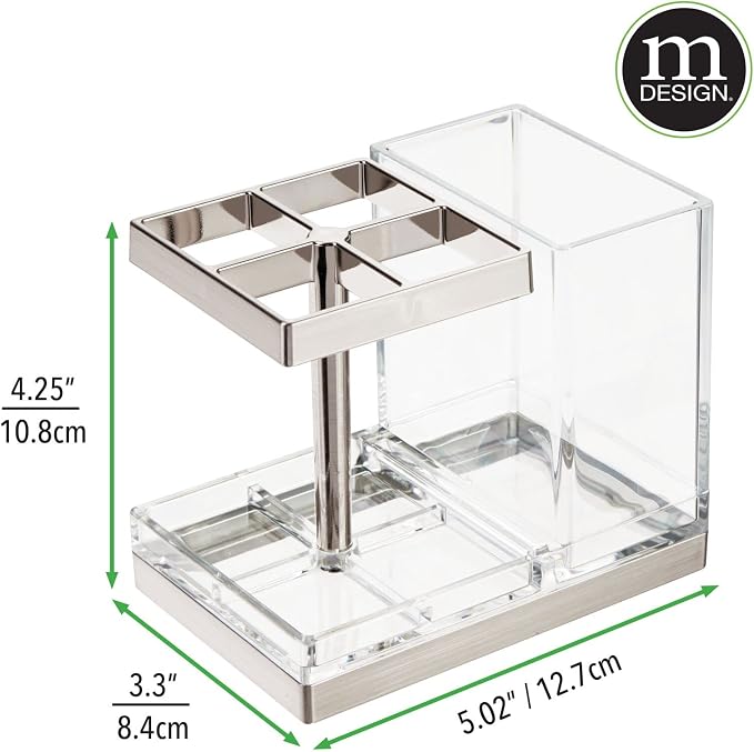 mDesign Plastic Toothbrush and Toothpaste Storage Organizer Holder - Home Decor for Bathroom Countertop - Holds Toiletries and Beauty Accessories - Lumiere Collection - Clear/Brushed
