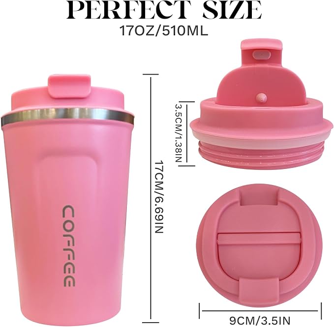YINBAOGE Insulated Travel Coffee Mug, Spill & Leak Proof, Portable To Go Camping Stainless Steel Coffee Tumbler, Reusable Thermal Coffee Cup with Lid for Hot & Cold Drinks (2nd-Pink, 17 OZ)