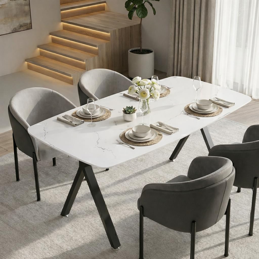 KEIKI 51.2" Rectangular Dining Table for 4-6, Tempered Glass Marble-Top with Gold Metal Legs, Modern Kitchen Dining Table, Space-Saving Rectangular Kitchen Table, White Black