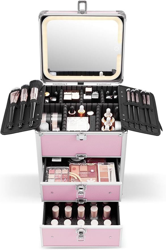 Qislee Makeup Box with Double Drawers and A Detachable Lighted Mirror, Waterproof Travel Train Case, Cosmetic Organizer and Makeup Suitcase with Adjustable Dividers, Magnetic LED Mirror (ICY Pink)