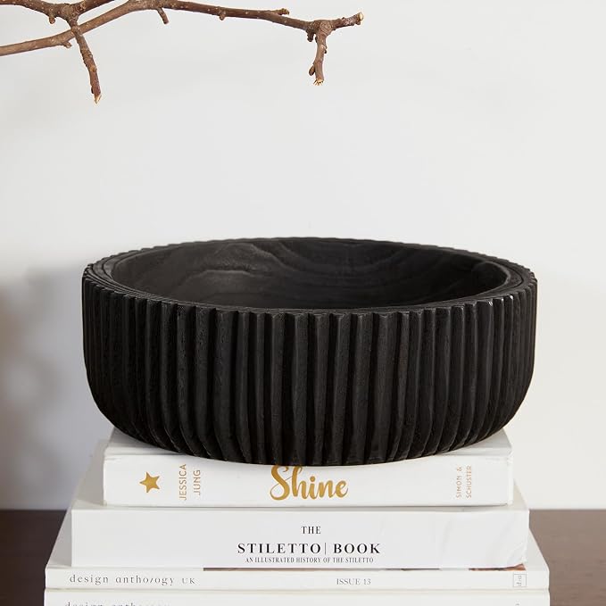 DN DECONATION Wooden Decorative Bowl, 9.84” Black Wood Fruit Bowl for Rustic Home Decor, Key Bowls for Farmhouse Decor Table Centerpiece Entryway Living Room Kitchen