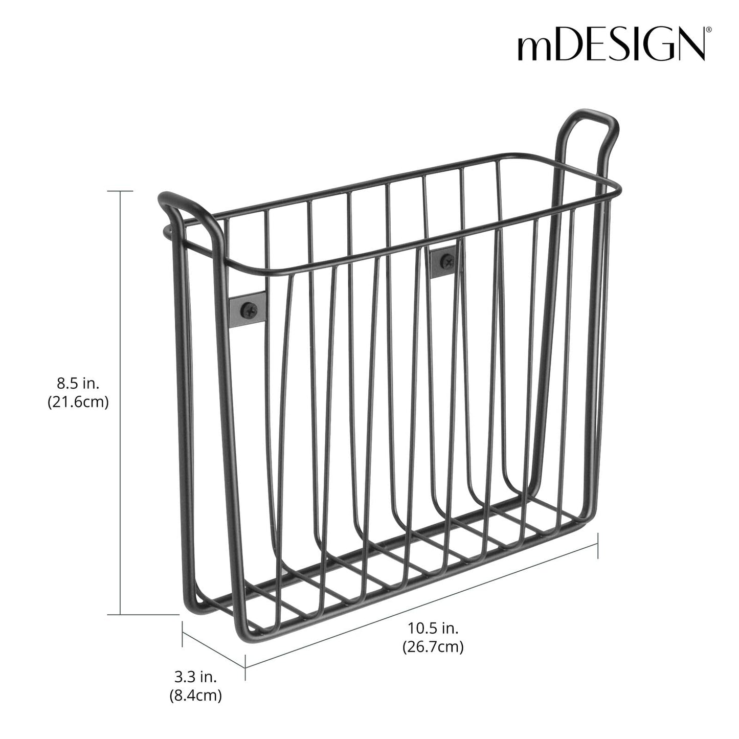 mDesign Metal Wall Mount Decorative Magazine Rack Organizer Bin Holder, Basket for Living Room, Bathroom, Bedroom, Home Office - Holds Books, Newspapers, Tablets - Concerto Collection - Black