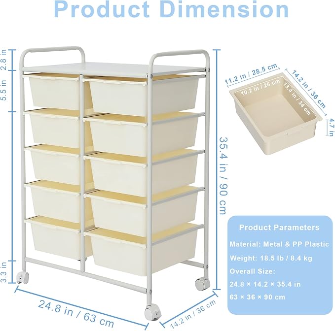 Ytaoka Rolling Cart with 10 Drawers, Plastic Drawer Cart with Metal Frame, Multipurpose Art Craft Cart Organizer with Wheels, Utility Cart with Drawers for Home, Office, School, White