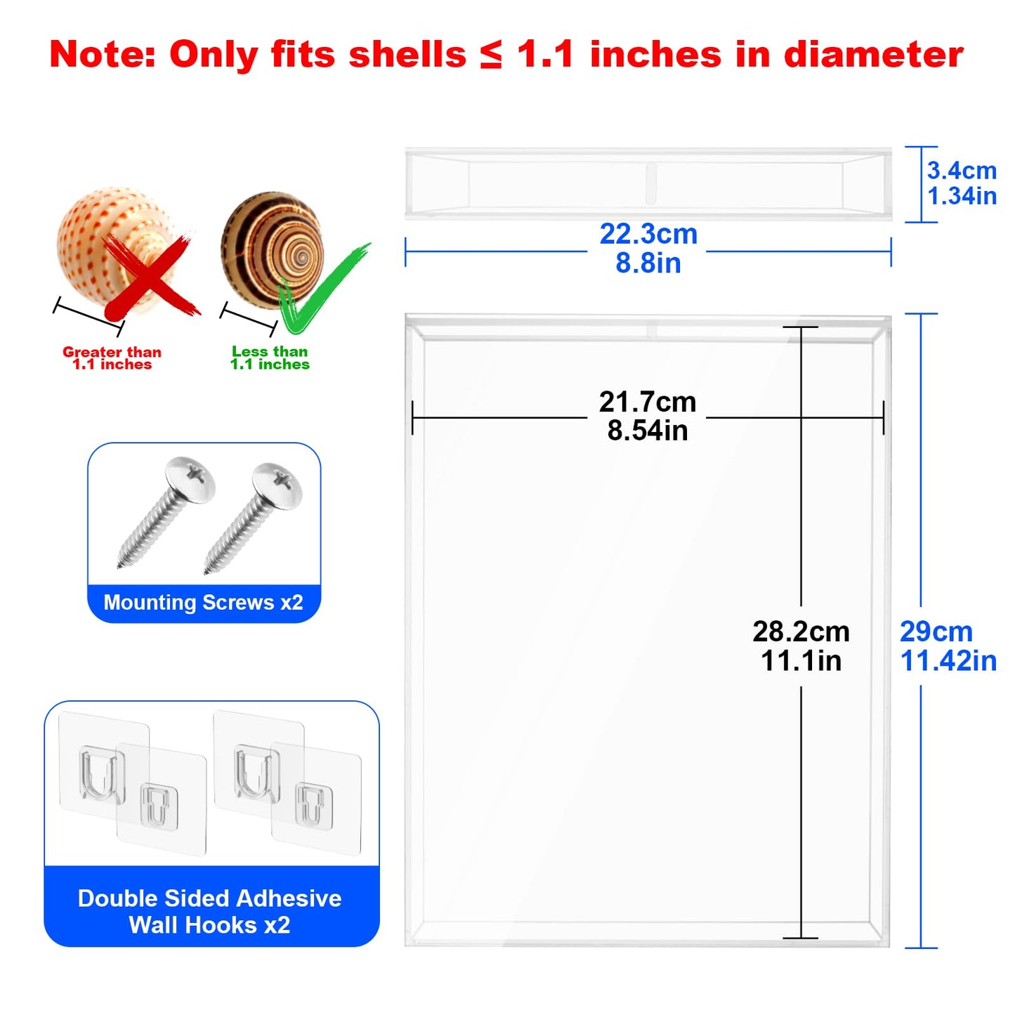 8.5 x 11 Inch Clear Acrylic Wall Mount Seashell Display Box, 3D Floating Display Case Shadow Box Frame, Ideal for Wine Bottle Caps, Tickets, Shells, Stamps and More
