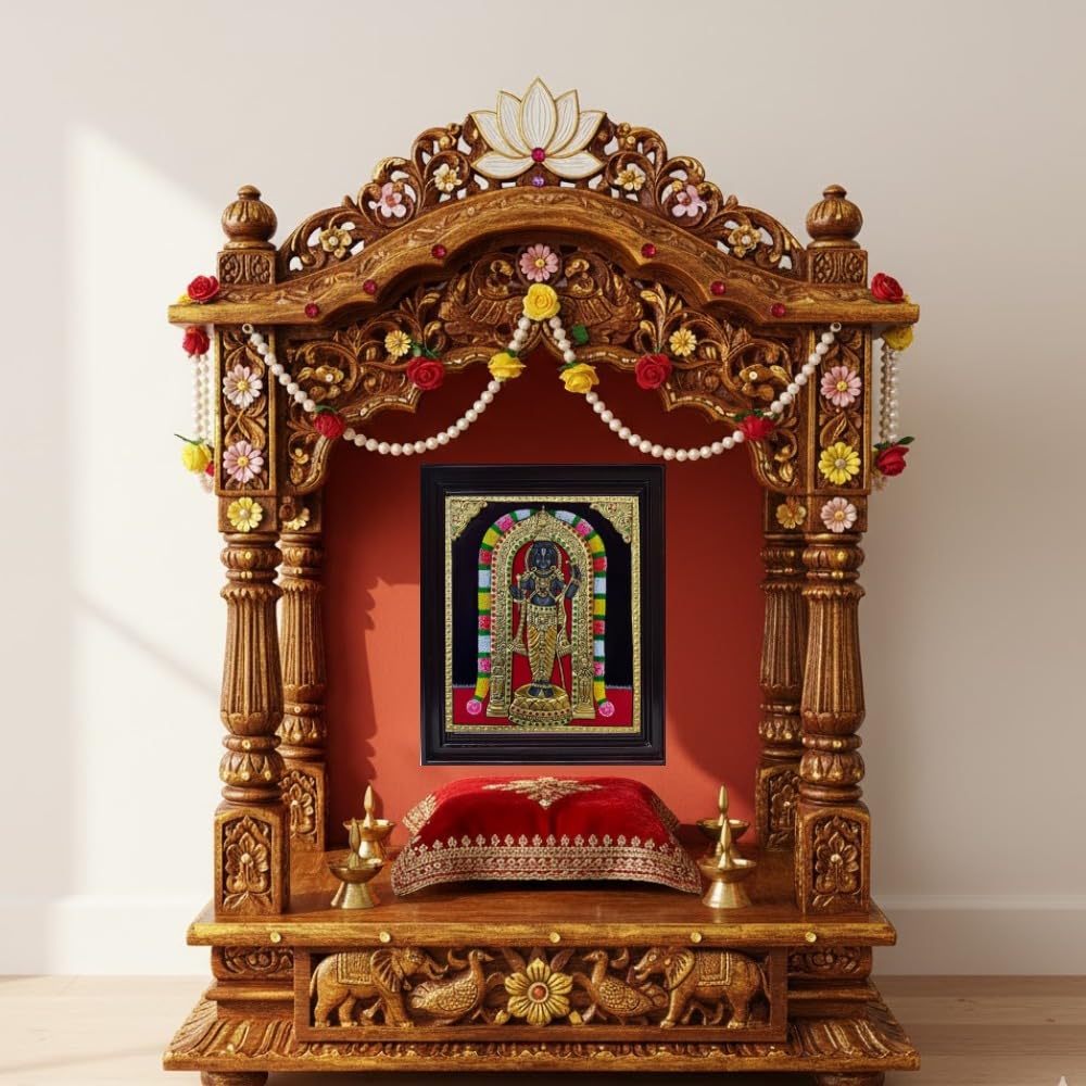 Tarang Arts Tanjore Painting Ayothi Ramar with Wooden Frame, 2D Emboss Design, 22-Carat Gold Foil & Jaipur Stones | Handmade Traditional Artwork for Home Decor, Puja Room, Wall Hanging & Gifting