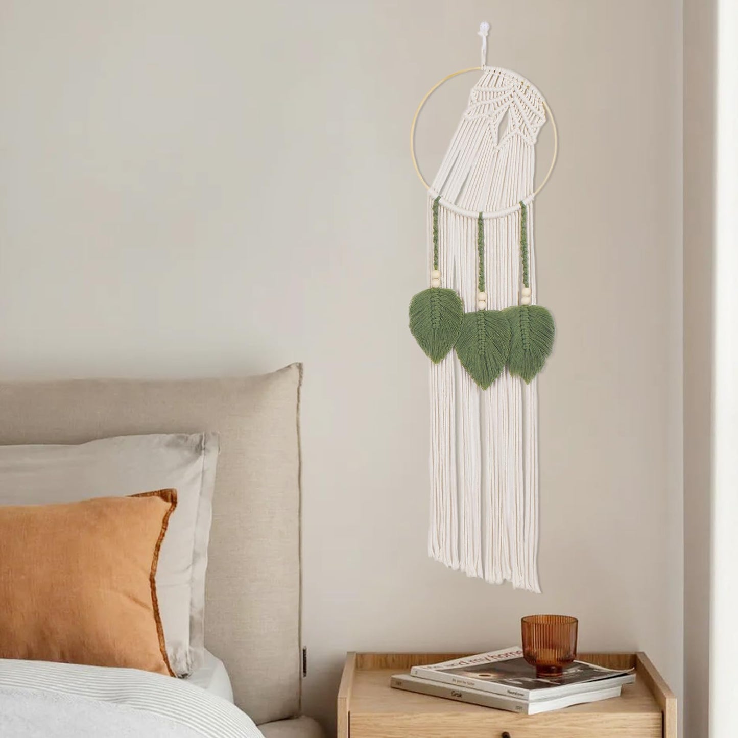 LB Boho Leaf Small Macrame Wall Hanging Green and Beige Hand Woven Cotton Tapestry Wall Art with Wood beads Modern Aesthetic Wall Decor for Home, Bedroom, Living Room