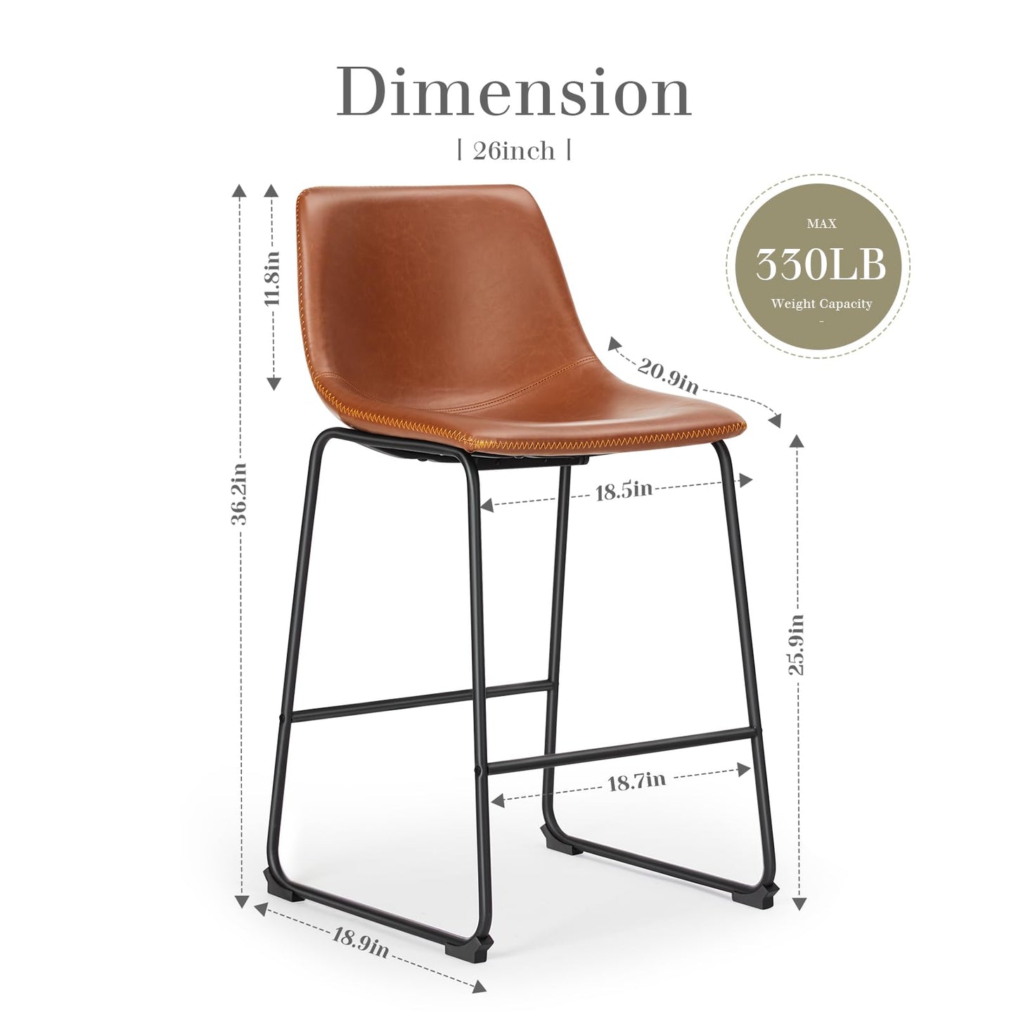 DUMOS 26 Inch Counter Height Bar Stools Set of 4, Modern Faux Leather High Barstools with Back and Metal Leg, Bar Chairs for Kitchen Island, Brown
