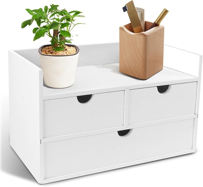 Charmewooden Desk Organizer with Drawers Countertop Drawer Organizer Drawers for Desk Top Home Office Workspace Bathroom Toiletries Supplies (White with shelf)