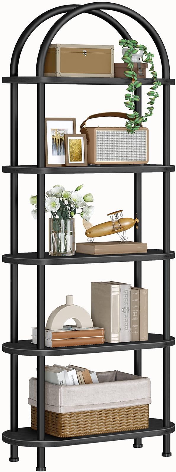 HOOBRO 5 Tier Open Bookshelf, Industrial Arched Bookcase Display Shelf Rack, Wooden Bookcase Storage Shelf Metal Frame, Tall Storage Organizer for Home, Easy Assembly, Black BB176SJ01