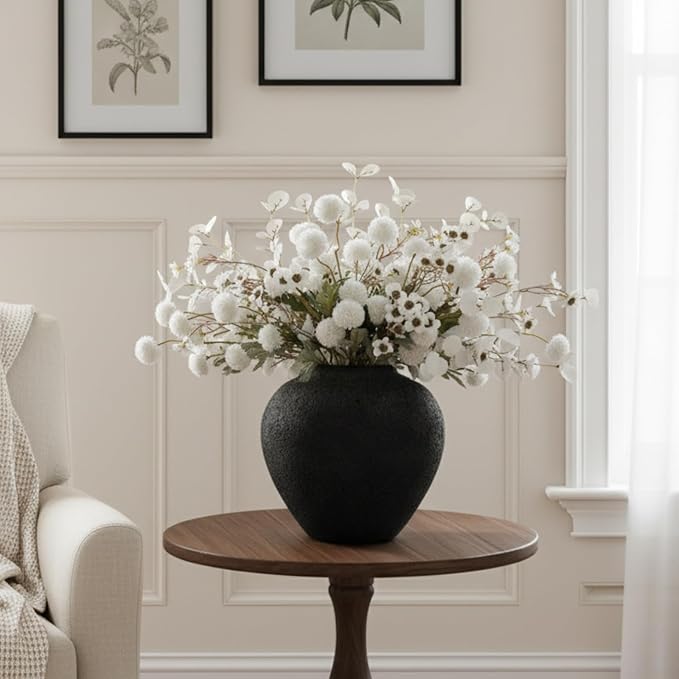 Black Large Round Vase Pottery Look for Home Decor, Arina Black Rustic Iron Vase Modern Farmhouse, Console Table Decor, Earthy Textured Metal Big Black Round Vases for Centerpieces, Jarrones Grandes