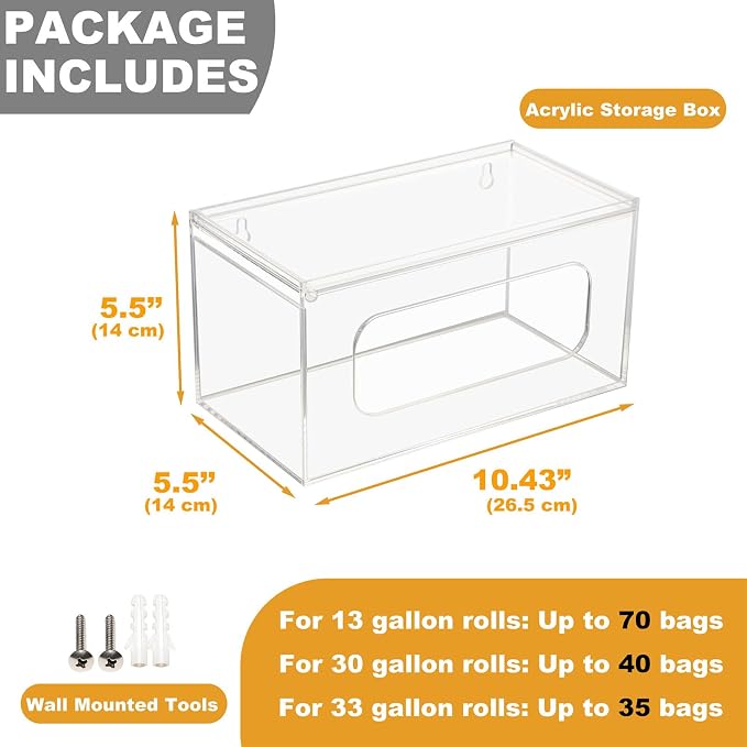 SEANADO Acrylic Trash Bag Dispenser, Wall Mount Kitchen Organizer Storage Box Holder for Garbage, Grocery, Plastic Bag Roll Container (Standard with Lid)