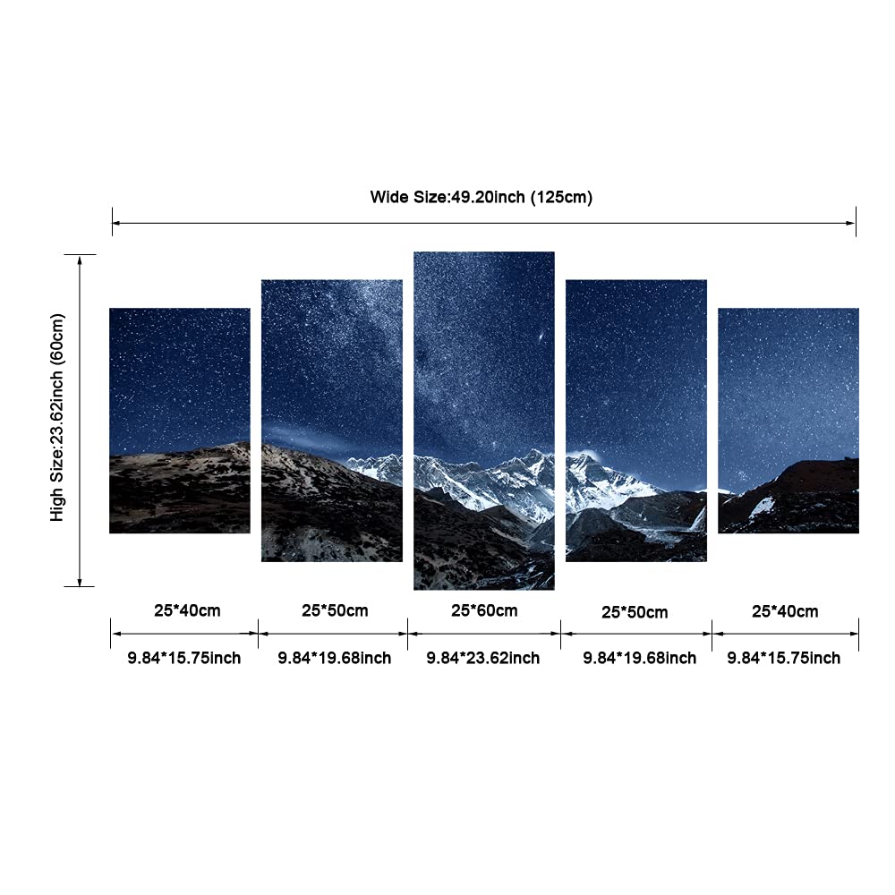 Pyradecor Blue Giclee Canvas Prints Wall Art Starry Night Sky Over Snowy Mountain Pictures Paintings for Living Room Bedroom Home Office Decorations 5 Piece Modern Milky Way Landscape Romance Artwork