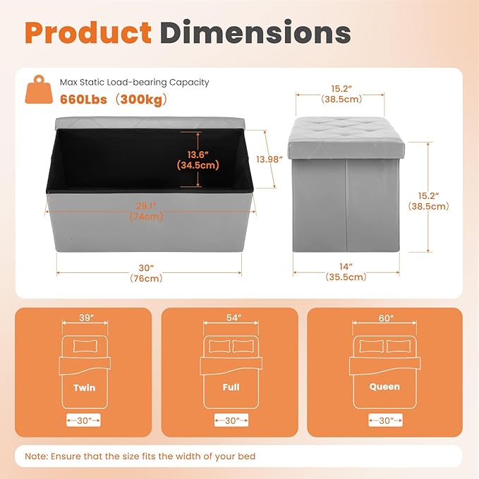 Sweetcrispy 30 Inches Folding Ottoman with Storage Bench, Foot Rest Stool, End of Bed Storage Bench Upholstered, Load 660 lbs, for Living Room, Synthetic Leather, Grey
