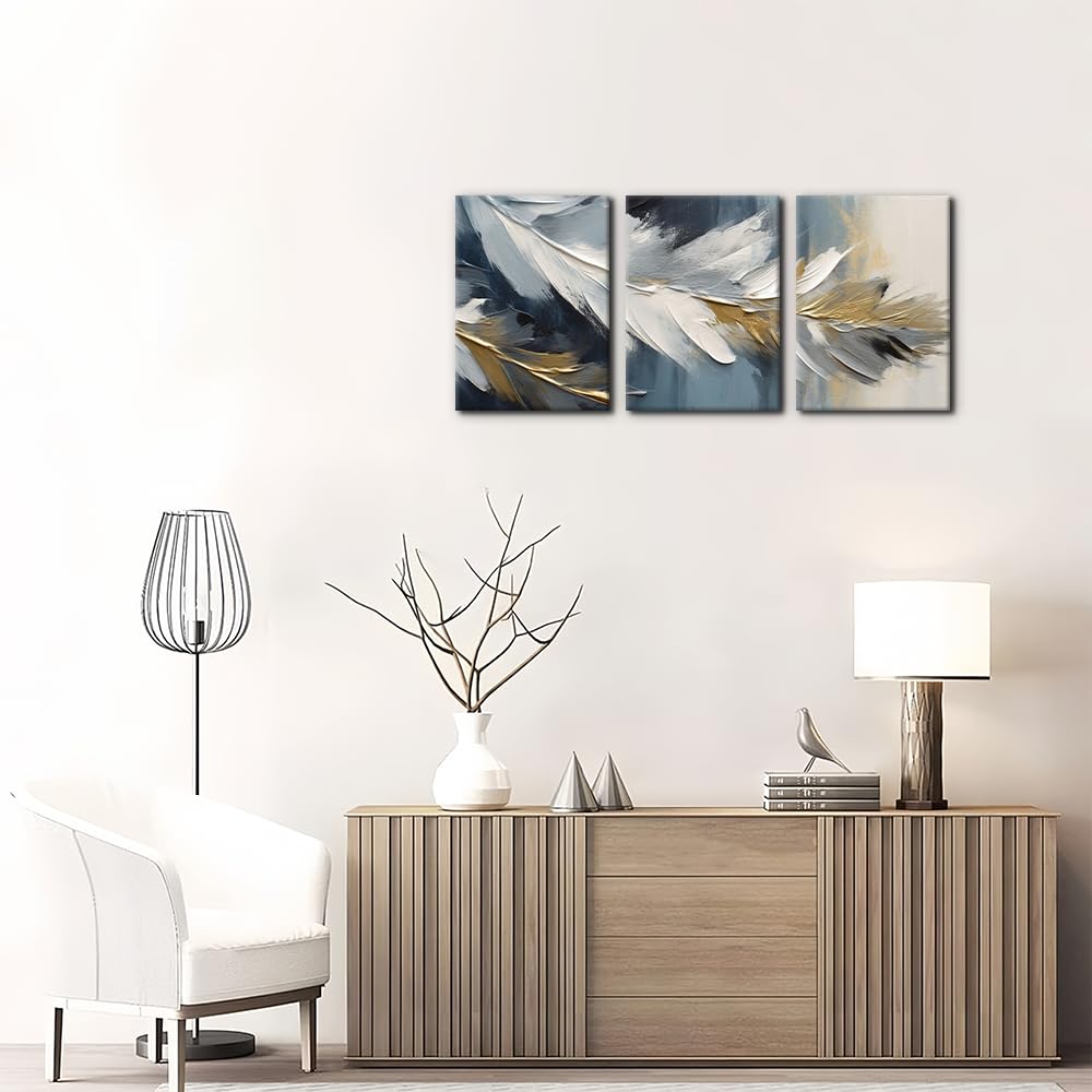 Pacimo Abstract Canvas Wall Art, Set of 3 Framed Painting Prints, Feather Pictures Modern Wall Decor for Living Room Bedroom Office Home Decor Ready to Hang - 12"x16"x3 Panels