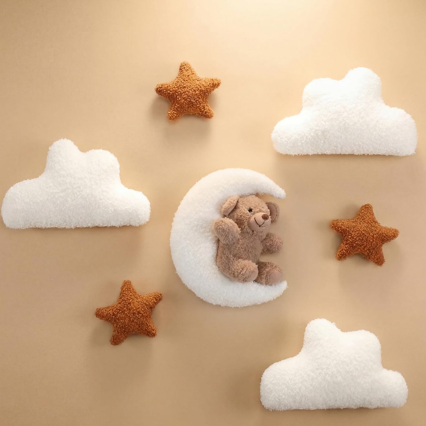 Chumia 7 Pcs Teddy Bear and Moon Wall Decor Nursery Wall Art with Clouds Stars Soft Plush Baby Room Decor Gender Neutral for Bedroom Decoration (Ivory Caramel)