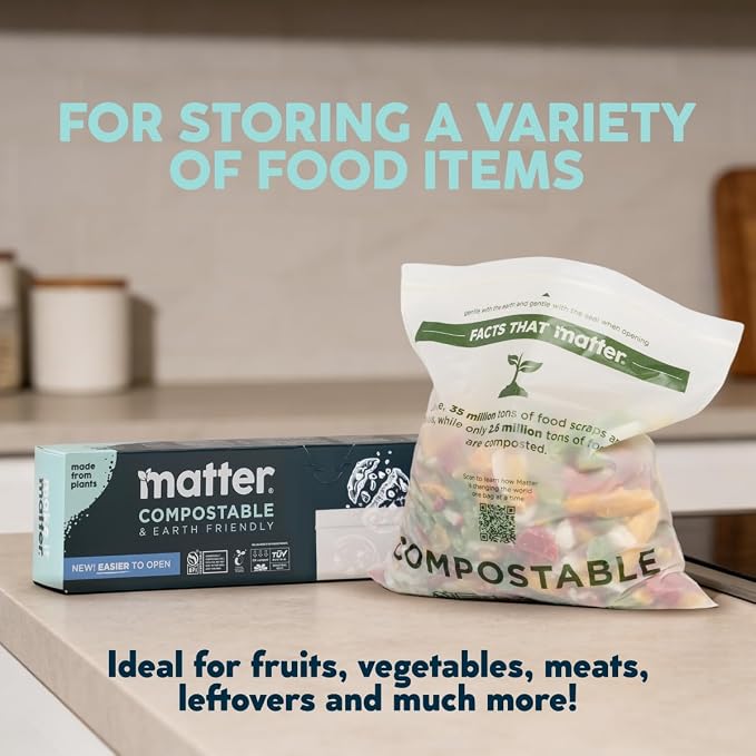 Matter Compostable Gallon Freezer Bags for Food Storage, Eco-Friendly, Resealable, Food Storage Bags, 30 Count