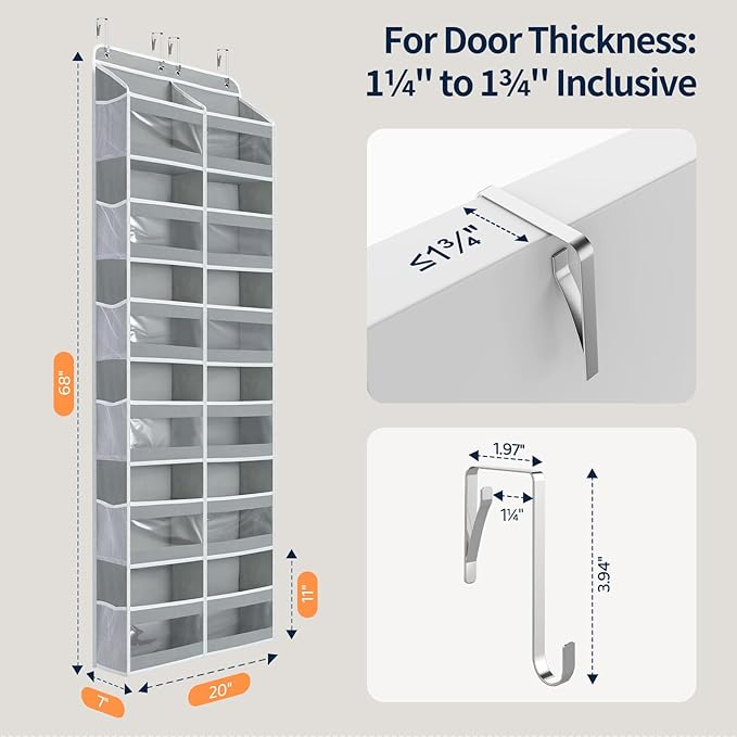 Yecaye 6-Tier Over The Door Organizer Dual-Column of 12 Compartments, College Dorm Essentials with Clear PVC Windows, Heavy Duty Door Organizer Hanging for Bedroom Bathroom Pantry Nursery, Grey 1 Pack
