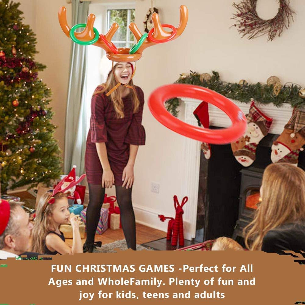 2PCS Christmas Party Toss Game Inflatable Reindeer Antler Hat with Rings for Kids Adults Family Xmas Fun Games(1 Pump，8 Rings, 2 Antlers)