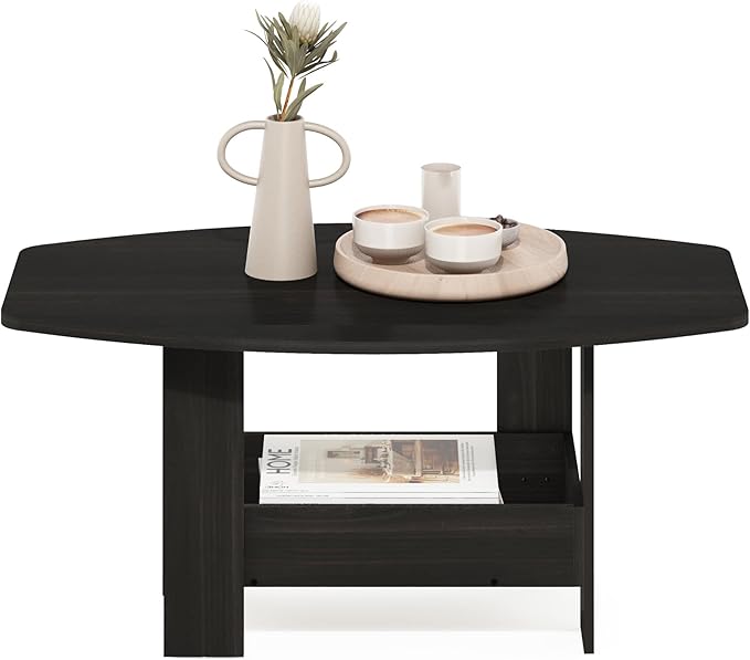 Furinno Simple Design Coffee Table, 2-Tier Modern Center Table with Lower Shelf, Round Corner Side Table, for Living Room, Bedroom, Home Office, Espresso