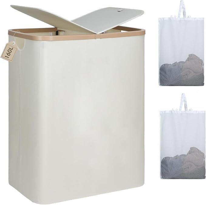 DOKEHOM 160L Extra Large Laundry Hamper with Lid, 2-Section Double Laundry Basket with Removable Mesh Liner Bags, Collapsible Clothes Sorter for Family, Bedroom, Laundry Room, Beige