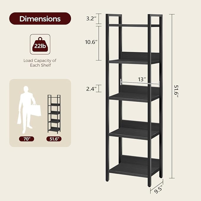 MAHANCRIS 5-Tier Bookshelf, Bookcase, Shelves Organizer for Small Spaces, Storage Shelf Organizer, for Living Room, Bedroom, Study, Balcony, Black BKHB5501