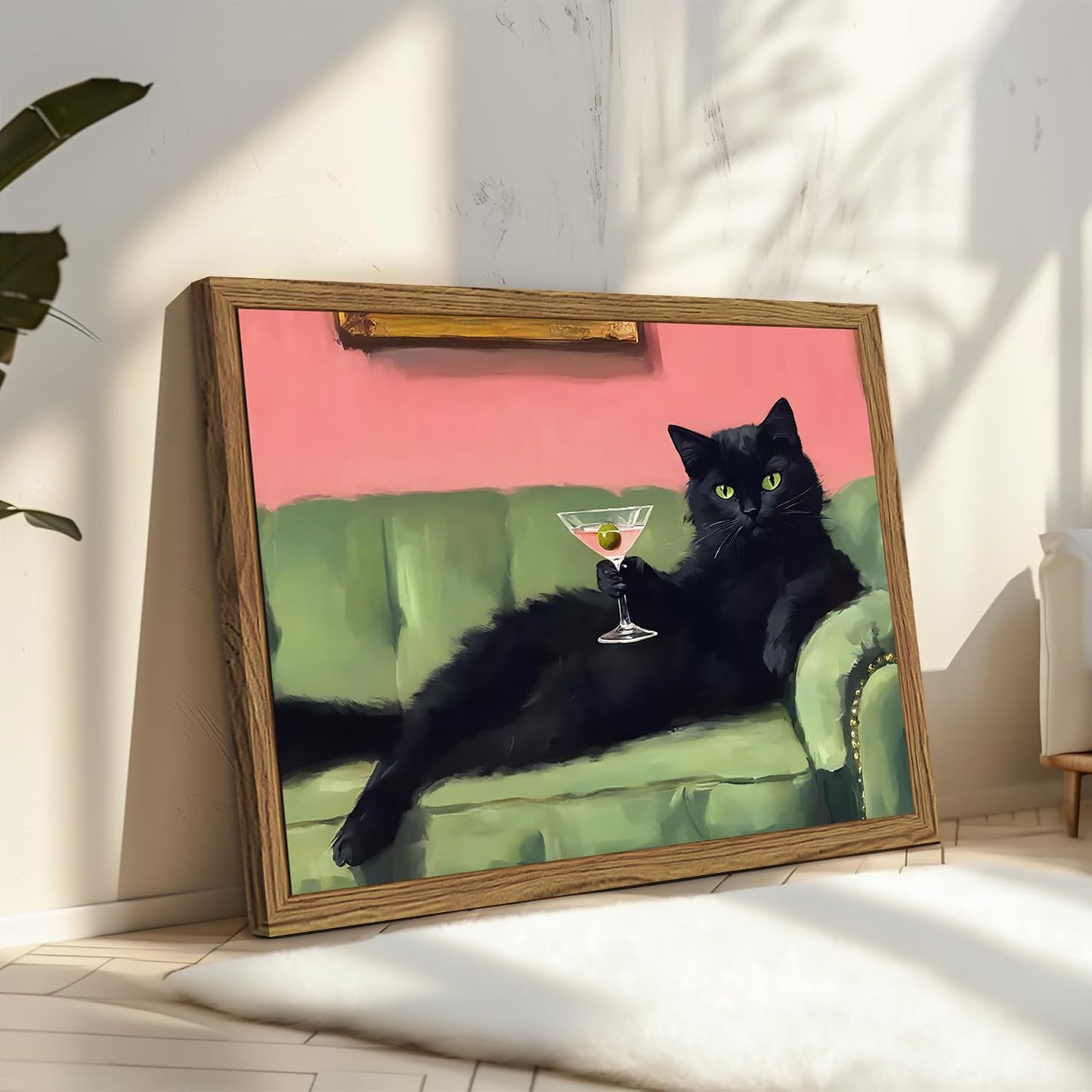Funny Black Cat Martini Wall Art, Bar Cart Decor, Eclectic Cocktail Painting Canvas Print, Cute Animal Artwork Picture for Bedroom Living Room Kitchen 12x16 inch Wood Framed