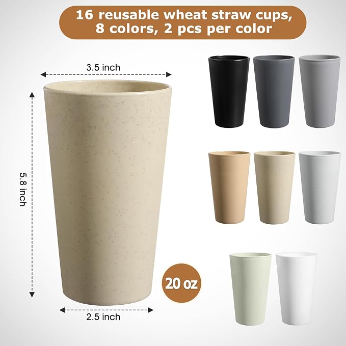 HEYCOME Set of 16 Wheat Straw Cups, 16 Pcs 20 oz Unbreakable Drinking Cups, Reusable Plastic Cups Sets, Water Glasses Tumblers, Microwave & Dishwasher Safe, Bpa Free, 8 Colors