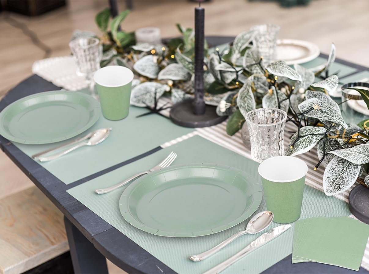 TWOWYHI 200PCS Party Supplies Paper Plates Set for Party with 50Guests 7"and 9" Disposable Plates Napkins Cups for Birthday Bridal Shower Wedding Parties Sage Green