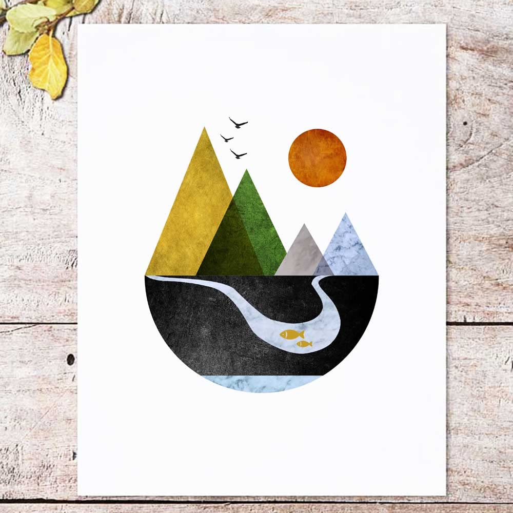 Scandinavian Mountain Wall Art Set of 2, Nordic Geometric Landscape Prints, Minimalist Abstract Poster for Living Room Bedroom Office Decor, Boho Scandi Wall Decor, Unframed 11x14 Inch
