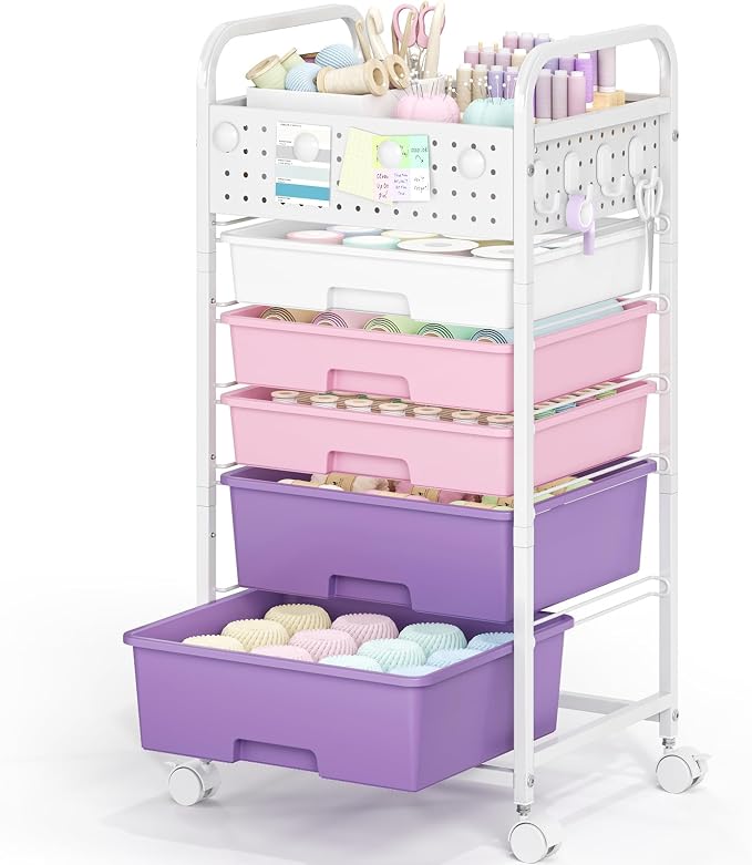 5 Drawer Rolling Storage Cart with Pegboard Top and Hooks, Mobile Organizer Cart with Wheels for Office Supplies, Craft Storage, Classroom Organization, Home Utility Cart, Dreamy Color