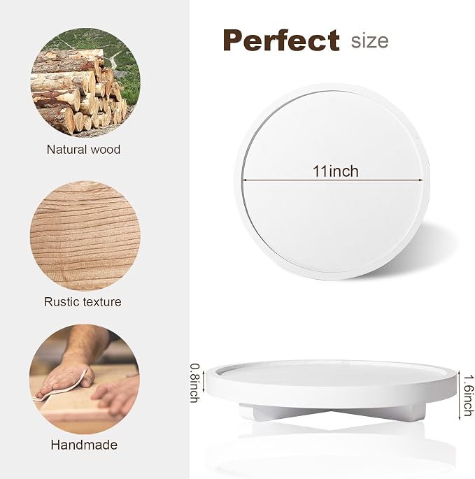 Round Decorative Tray Wood Bathroom Counter Organizer Farmhouse Kitchen Decor Wooden Riser for Soap Dish, Perfume, Candle, Sponge, 11" - White