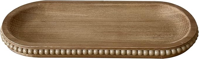 dwellington Wooden Farmhouse Decorative Tray, 11.8in Rustic Beaded Tray for Living Room Decor, Kitchen Table Décor, Oval Coffee Table Serving Tray (Natural)