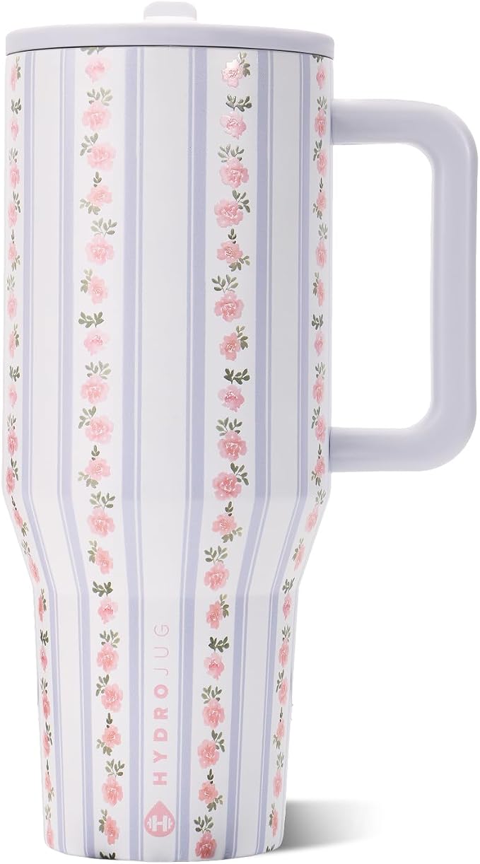 HydroJug Traveler - 40 oz Water Bottle with Handle & Flip Straw - Fits in Cup Holder, Leak Resistant Tumbler-Reusable Insulated Stainless Steel & Rubber Base - Gifts for Women & Men, Primrose
