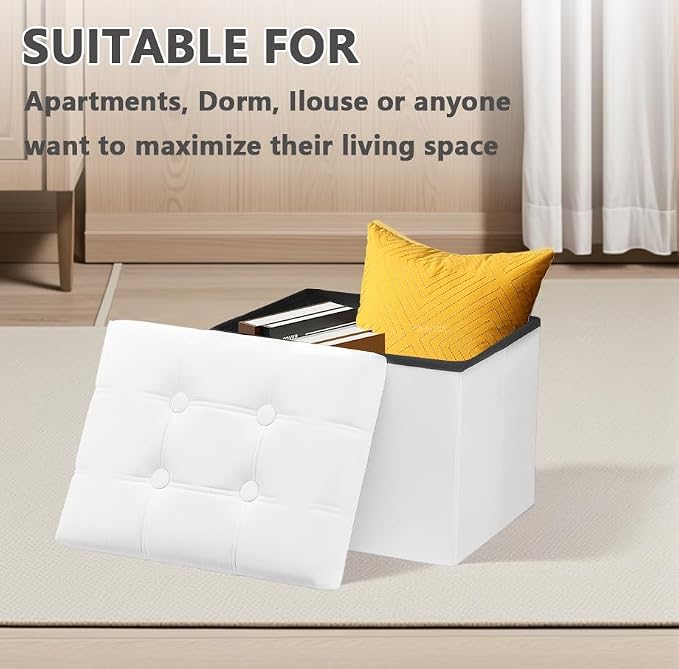 AmasSmile 2PC Storage Ottoman Foot Rest Stool, 17 inch Velvet Footstool Bench, Short Ottomans Stool, Small Folding Storage Ottoman Store Books, Records, White